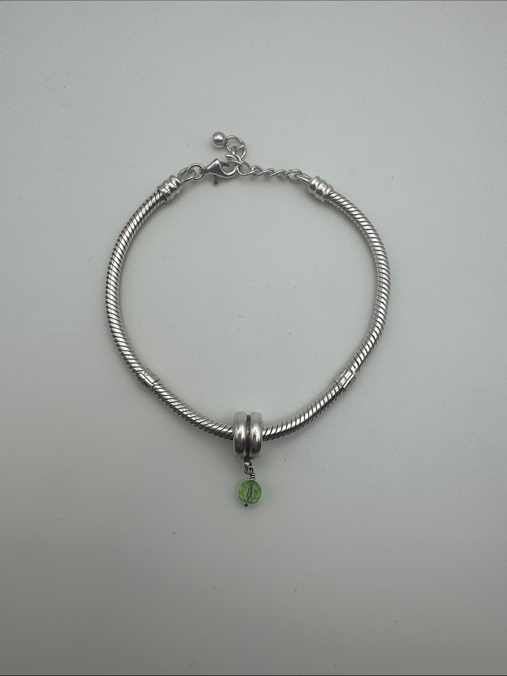 Sterling Silver Snake Chain Bracelet with Green Crystal Charm